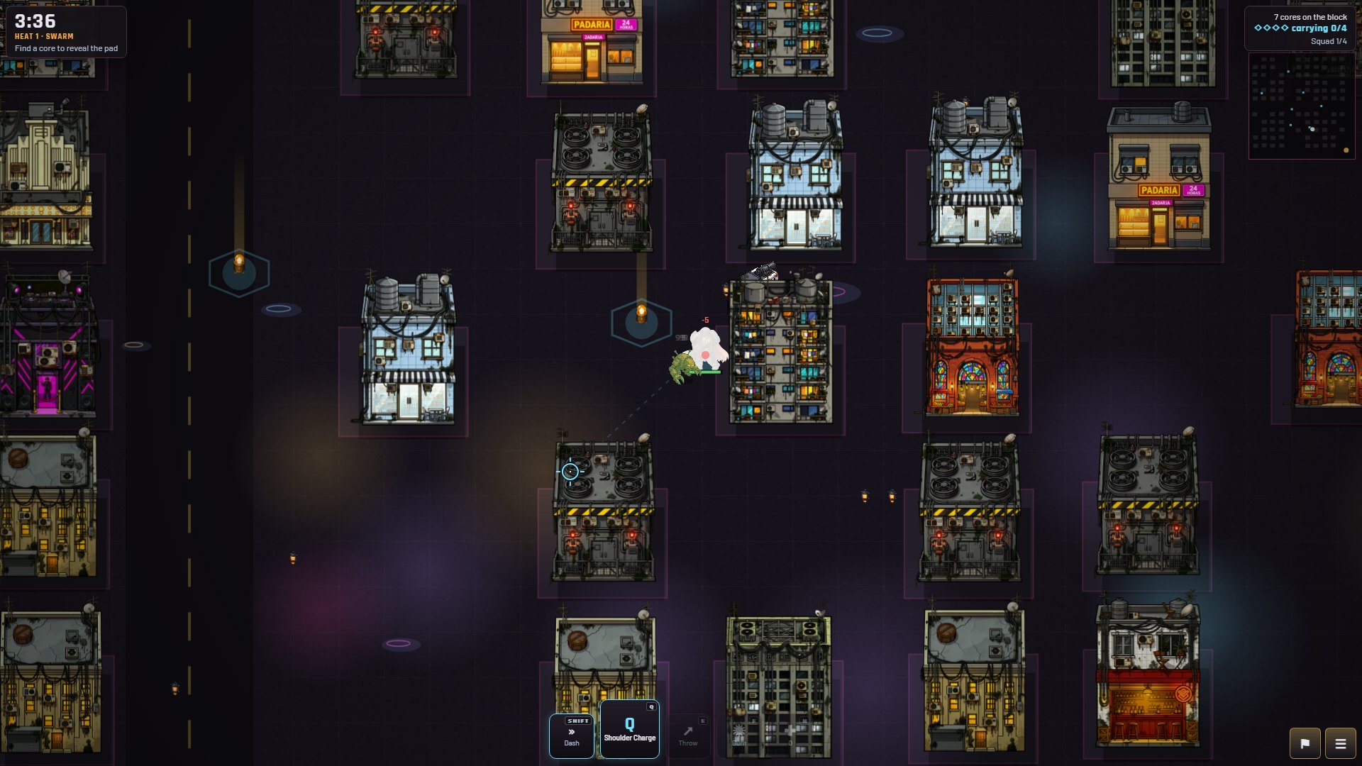 Brutus fighting a mutant beside a glowing core vault in a block of retrofitted São Paulo buildings, with the run clock, the cores counter, the minimap and the ability bar.